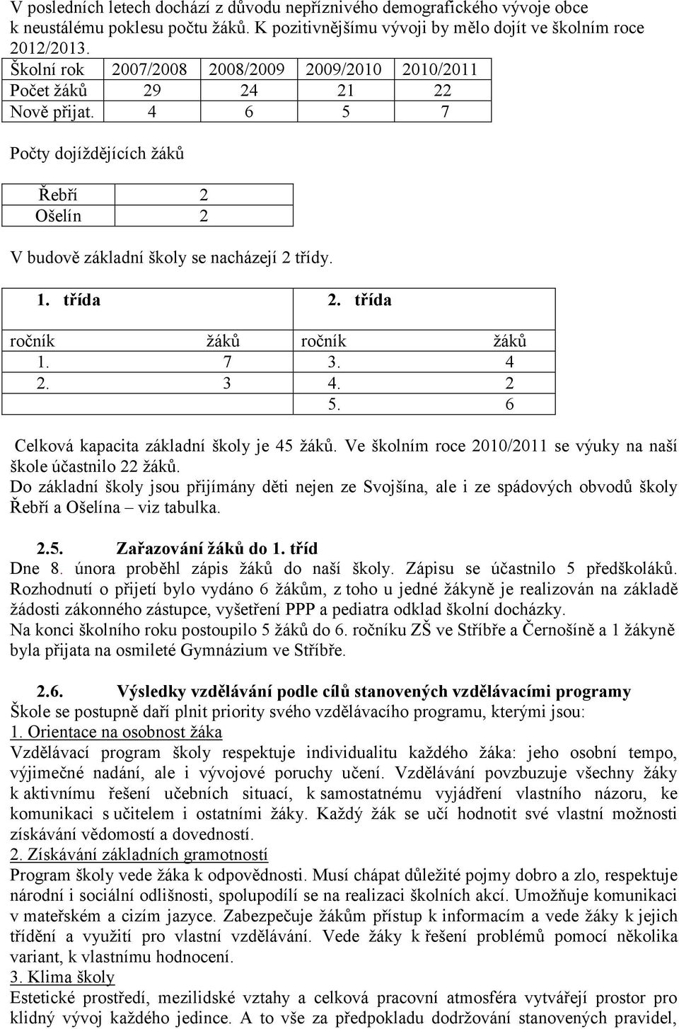 třída ročník ţáků ročník ţáků 1. 7 3. 4 2. 3 4. 2 5. 6 Celková kapacita základní školy je 45 ţáků. Ve školním roce 2010/2011 se výuky na naší škole účastnilo 22 ţáků.