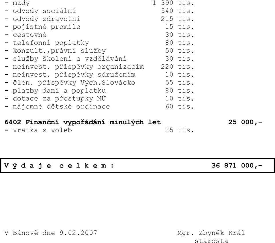 - člen. příspěvky Vých.Slovácko 55 tis. - platby daní a poplatků 80 tis. - dotace za přestupky MÚ 10 tis. - nájemné dětské ordinace 60 tis.