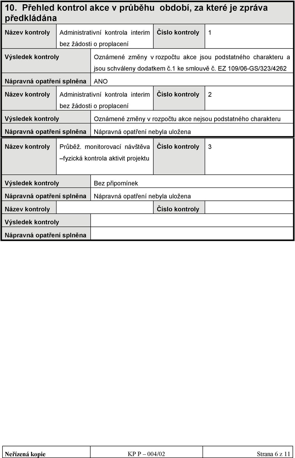EZ 109/06-GS/323/4262 ANO Název kontroly Administrativní kontrola interim bez žádosti o proplacení Číslo kontroly 2 Výsledek kontroly Nápravná opatření splněna Oznámené změny v rozpočtu akce nejsou