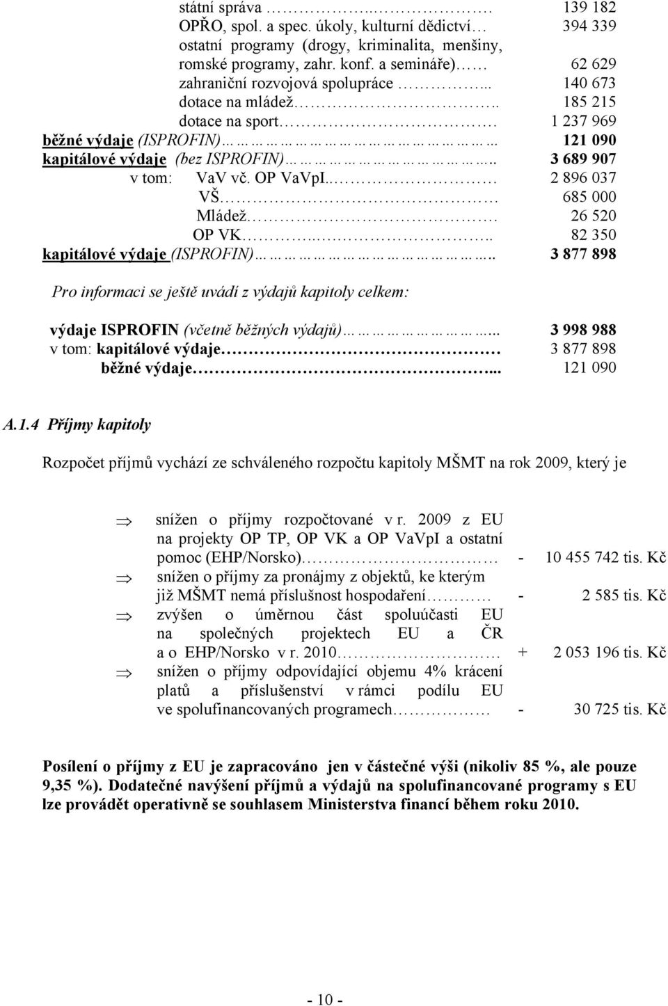 . 3 689 907 v tom: VaV vč. OP VaVpI.. 2 896 037 VŠ 685 000 Mládež. 26 520 OP VK..... 82 350 kapitálové výdaje (ISPROFIN).