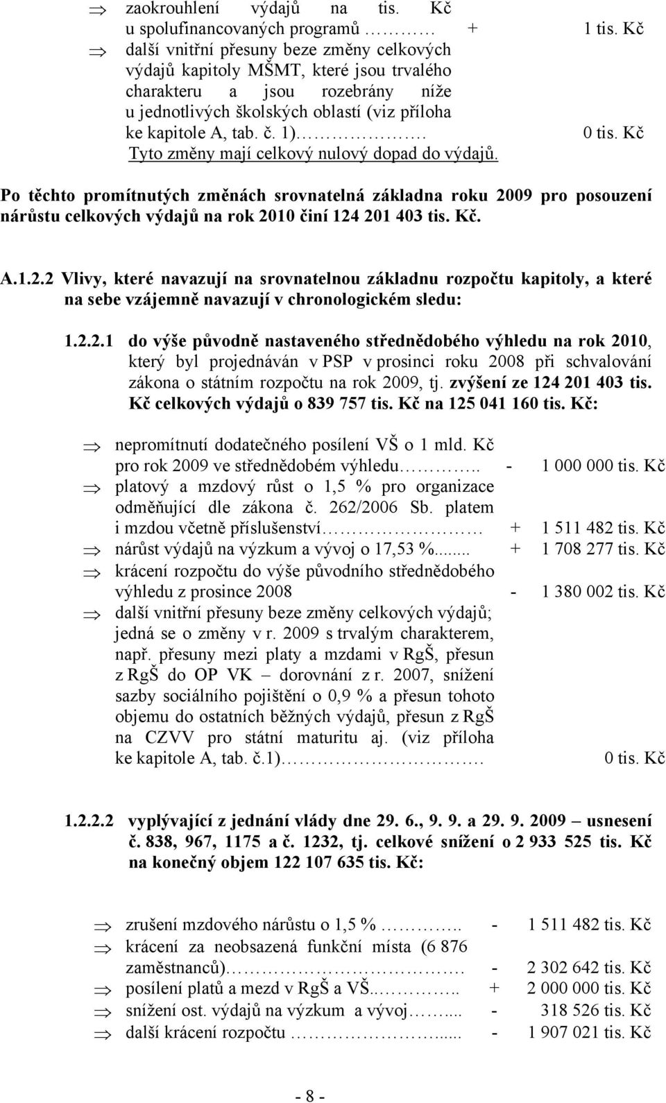 Kč Tyto změny mají celkový nulový dopad do výdajů. Po těchto promítnutých změnách srovnatelná základna roku 20