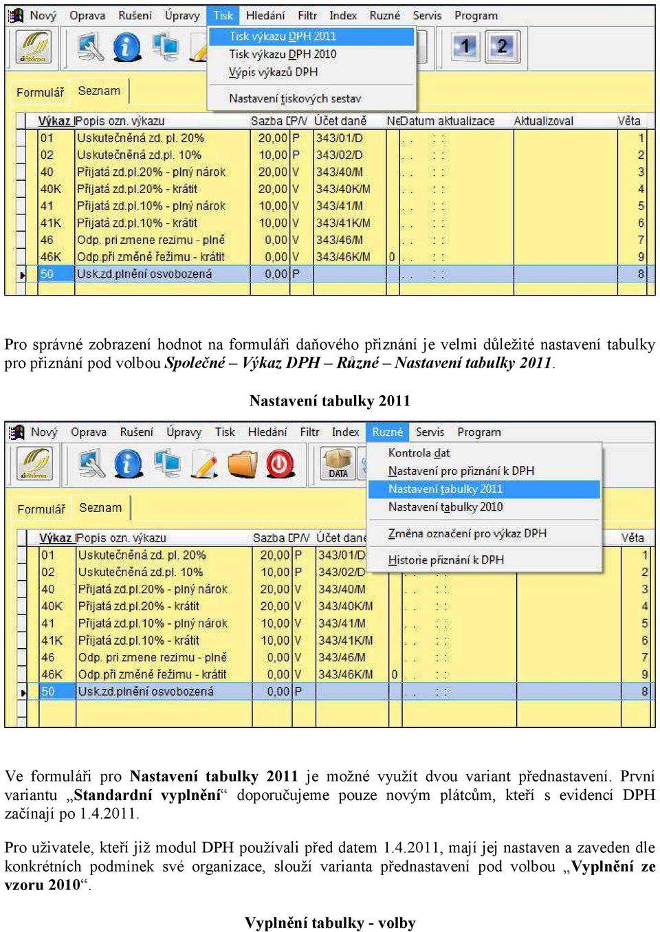 První variantu Standardní vyplnění doporučujeme pouze novým plátcům, kteří s evidencí DPH začínají po 1.4.2011.