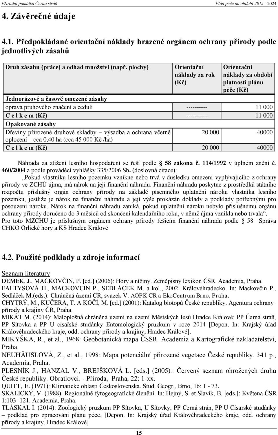 ---------- 11 000 Opakované zásahy Dřeviny přirozené druhové skladby výsadba a ochrana včetně 20 000 40000 oplocení cca 0,40 ha (cca 45 000 Kč /ha) C e l k e m (Kč) 20 000 40000 Náhrada za ztížení