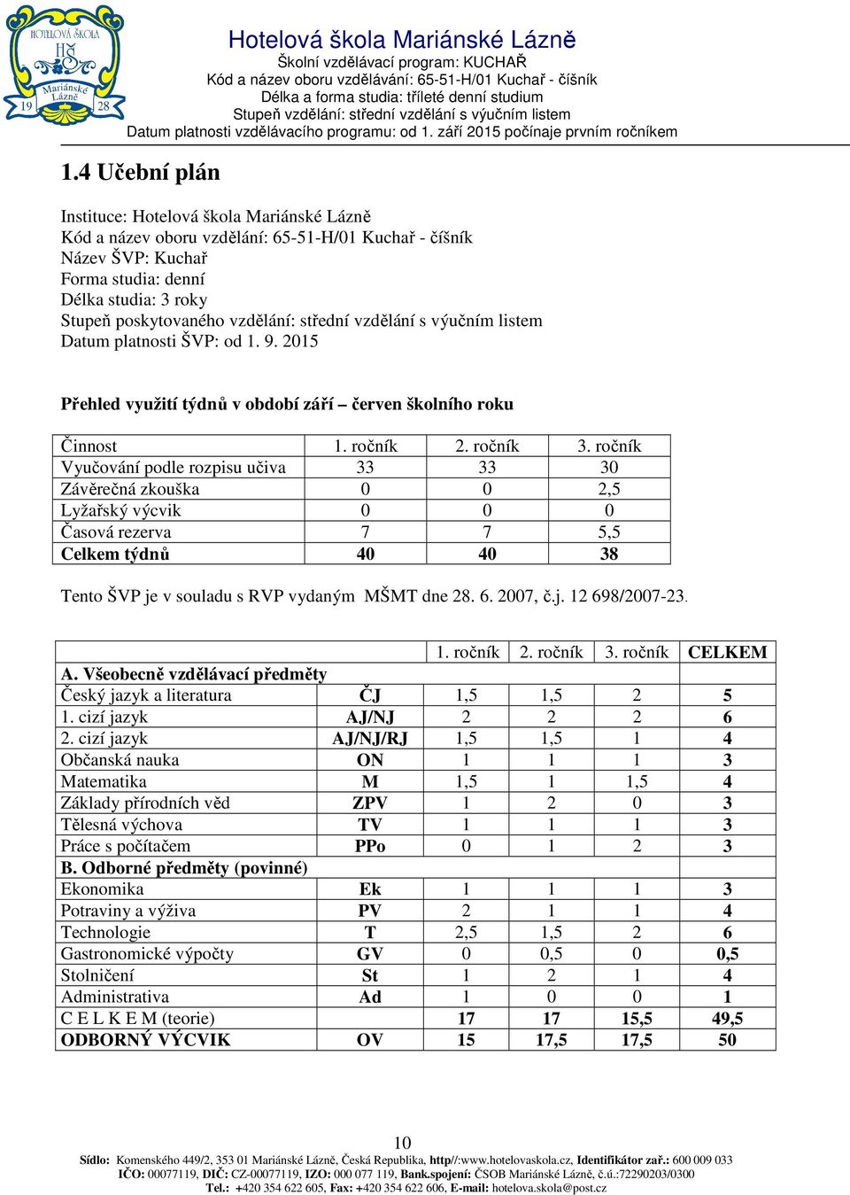 ročník Vyučování podle rozpisu učiva 33 33 30 Závěrečná zkouška 0 0 2,5 Lyžařský výcvik 0 0 0 Časová rezerva 7 7 5,5 Celkem týdnů 40 40 38 Tento ŠVP je v souladu s RVP vydaným MŠMT dne 28. 6. 2007, č.