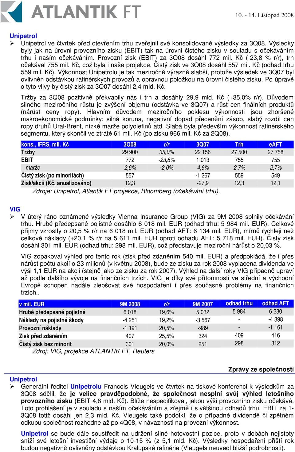 K (-23,8 % r/r), trh oekával 755 mil. K, což byla i naše projekce. istý zisk ve 3Q08 dosáhl 557 mil. K (odhad trhu 559 mil. K).