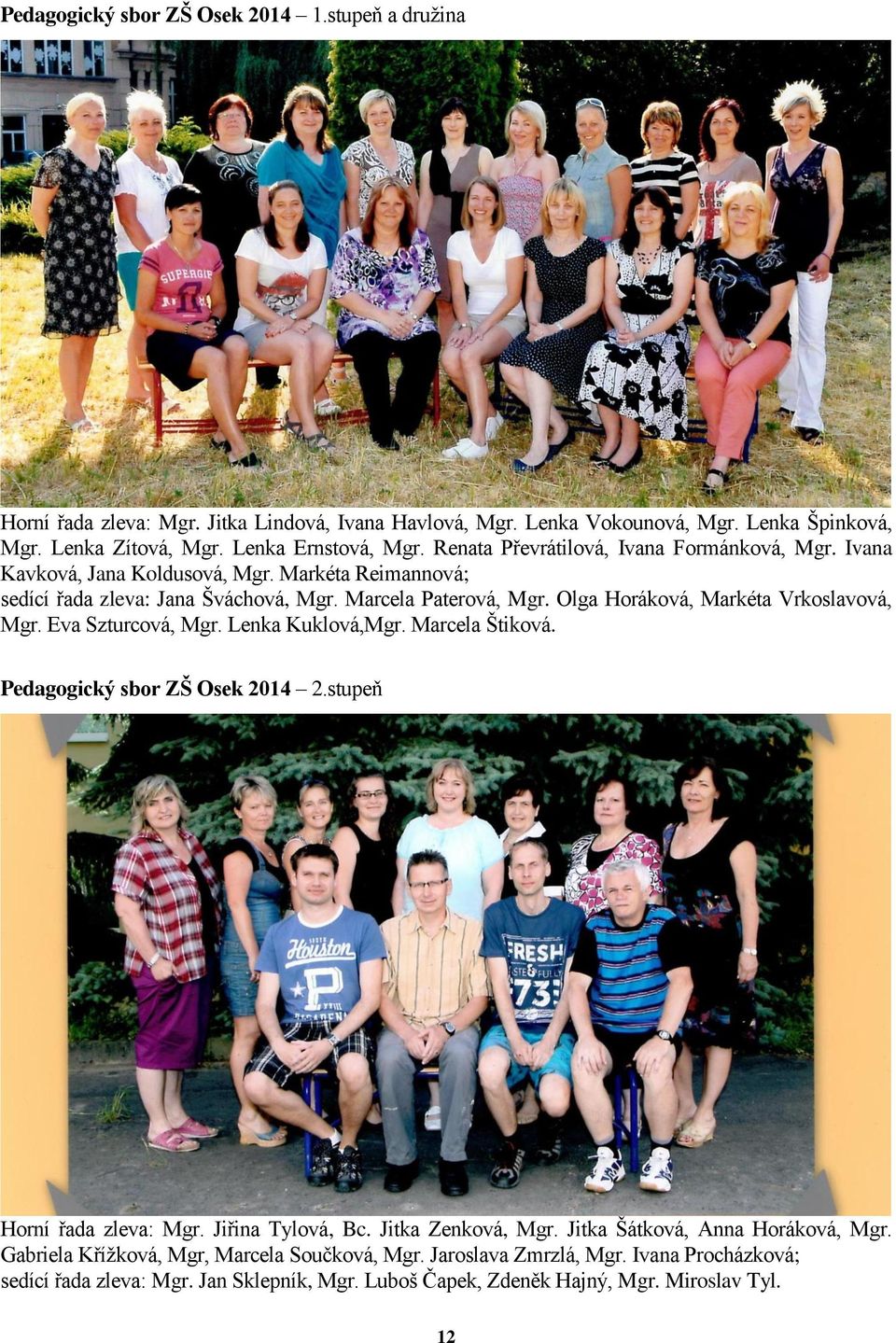 Olga Horáková, Markéta Vrkoslavová, Mgr. Eva Szturcová, Mgr. Lenka Kuklová,Mgr. Marcela Štiková. Pedagogický sbor ZŠ Osek 2014 2.stupeň Horní řada zleva: Mgr. Jiřina Tylová, Bc.