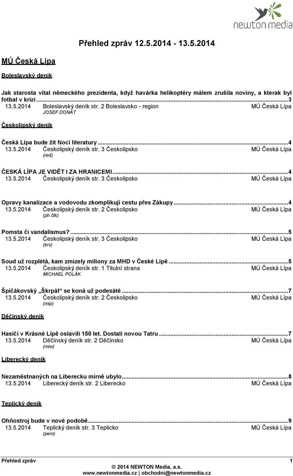 3 Českolipsko MÚ Česká Lípa (red) ČESKÁ LÍPA JE VIDĚT I ZA HRANICEMI... 4 13.5.2014 Českolipský deník str. 3 Českolipsko MÚ Česká Lípa Opravy kanalizace a vodovodu zkomplikují cestu přes Zákupy... 4 13.5.2014 Českolipský deník str. 2 Českolipsko MÚ Česká Lípa (ph čtk) Pomsta či vandalismus?