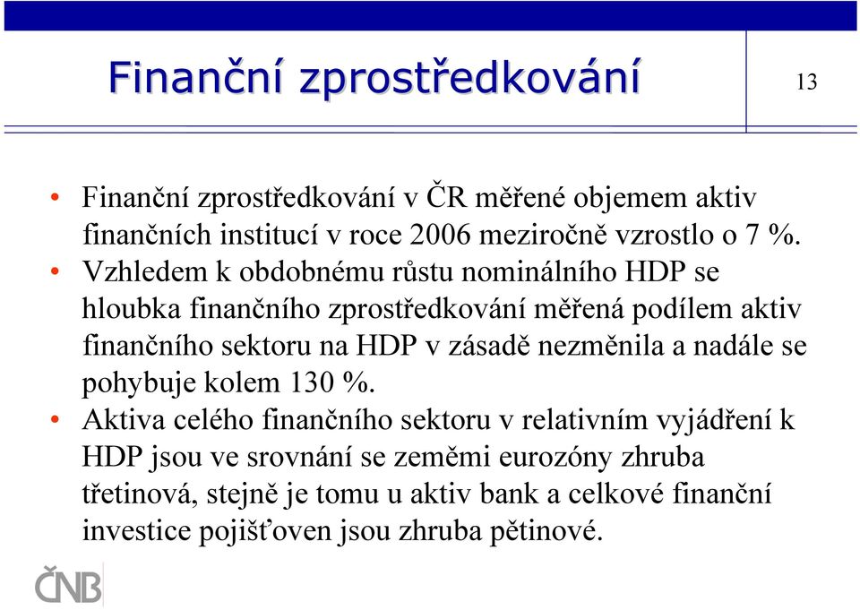 Vzhledem k obdobnému růstu nominálního HDP se hloubka finančního zprostředkování měřená podílem aktiv finančního sektoru na HDP v