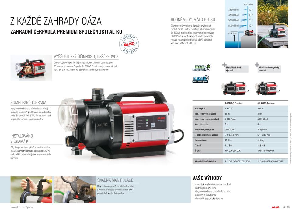40 m 4 500 l/hod. 30 m 5 00 l/hod. 0 m 5 700 l/hod. max.
