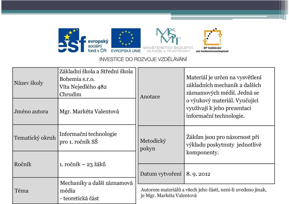 Vyučující využívají k jeho prezentaci informační technologie. Tematický okruh Informační technologie pro 1.