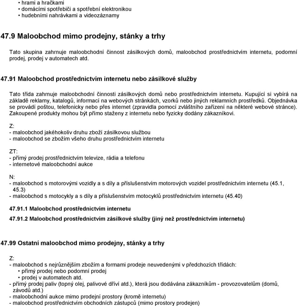 91 Maloobchod prostřednictvím internetu nebo zásilkové služby Tato třída zahrnuje maloobchodní činnosti zásilkových domů nebo prostřednictvím internetu.