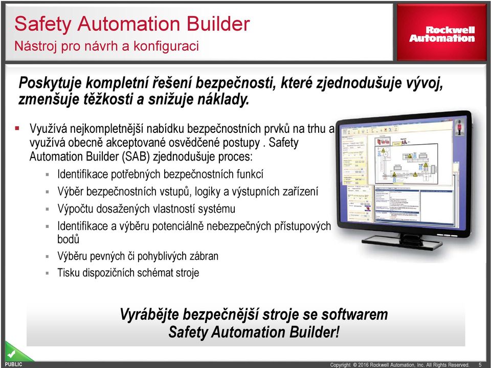 Safety Automation Builder (SAB) zjednodušuje proces: Identifikace potřebných bezpečnostních funkcí Výběr bezpečnostních vstupů, logiky a výstupních zařízení Výpočtu