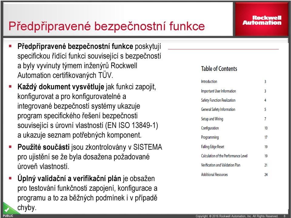 Každý dokument vysvětluje jak funkci zapojit, konfigurovat a pro konfigurovatelné a integrované bezpečností systémy ukazuje program specifického řešení bezpečnosti související s