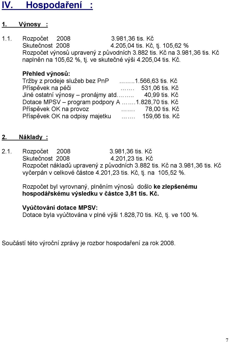 Kč Dotace MPSV program podpory A.1.828,70 tis. Kč Příspěvek OK na provoz. 78,00 tis. Kč Příspěvek OK na odpisy majetku. 159,66 tis. Kč 2. Náklady : 2.1. Rozpočet 2008 3.981,36 tis.