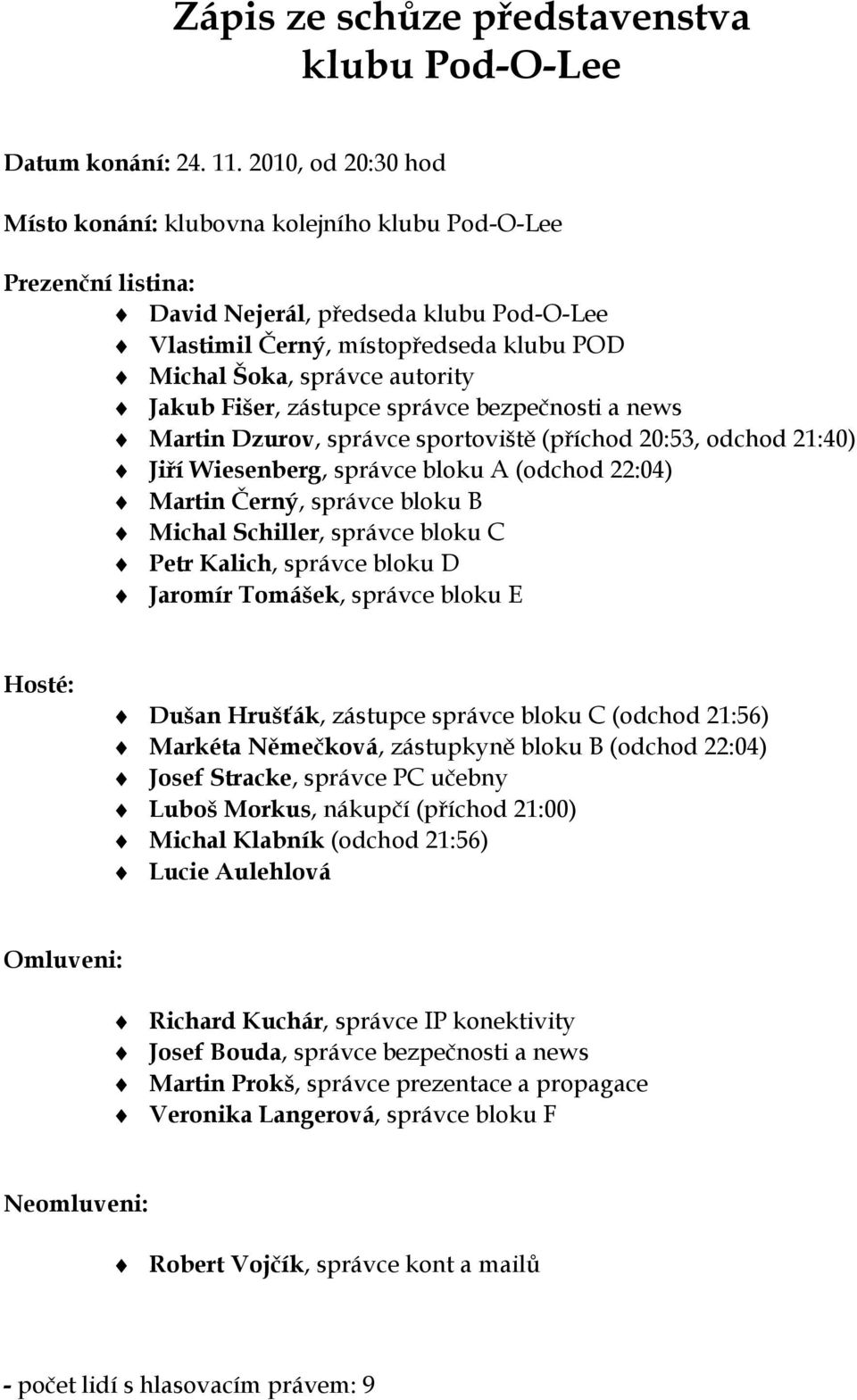 Jakub Fišer, zástupce správce bezpečnosti a news Martin Dzurov, správce sportoviště (příchod 20:53, odchod 21:40) Jiří Wiesenberg, správce bloku A (odchod 22:04) Martin Černý, správce bloku B Michal