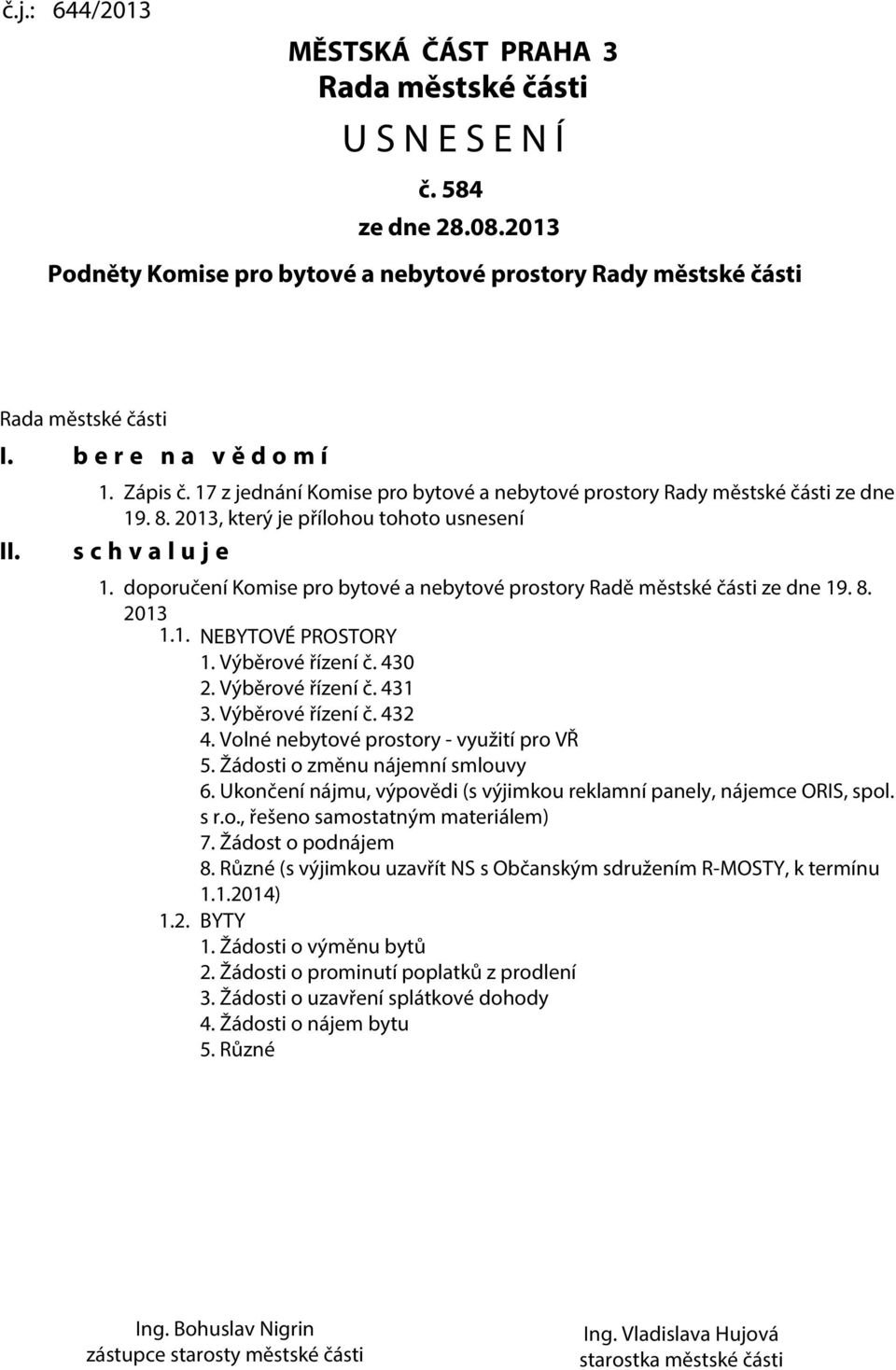 doporučení Komise pro bytové a nebytové prostory Radě městské části ze dne 19. 8. 2013 1.1. NEBYTOVÉ PROSTORY 1. Výběrové řízení č. 430 2. Výběrové řízení č. 431 3. Výběrové řízení č. 432 4.