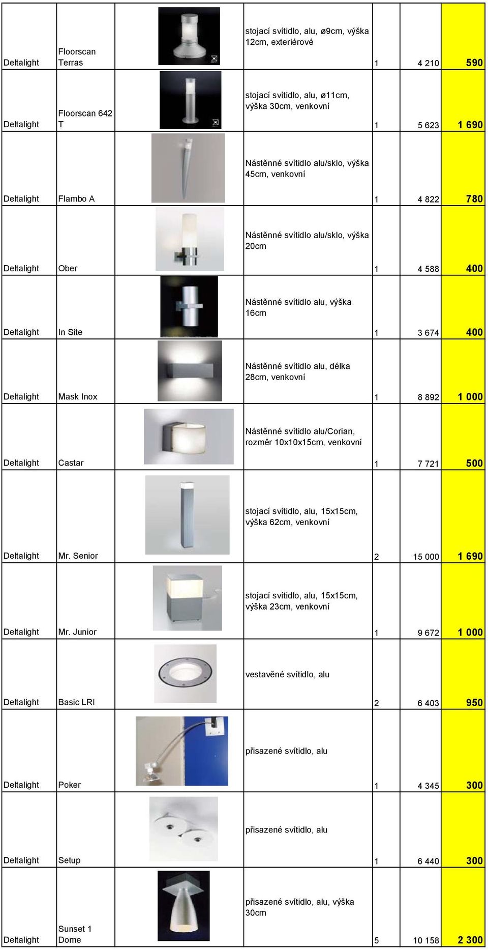 Nástěnné svítidlo alu/corian, rozměr 0x0x5cm, venkovní Castar 7 72 500 stojací svítidlo, alu, 5x5cm, výška 62cm, venkovní Mr. Senior 2 5 000 690 stojací svítidlo, alu, 5x5cm, výška 23cm, venkovní Mr.