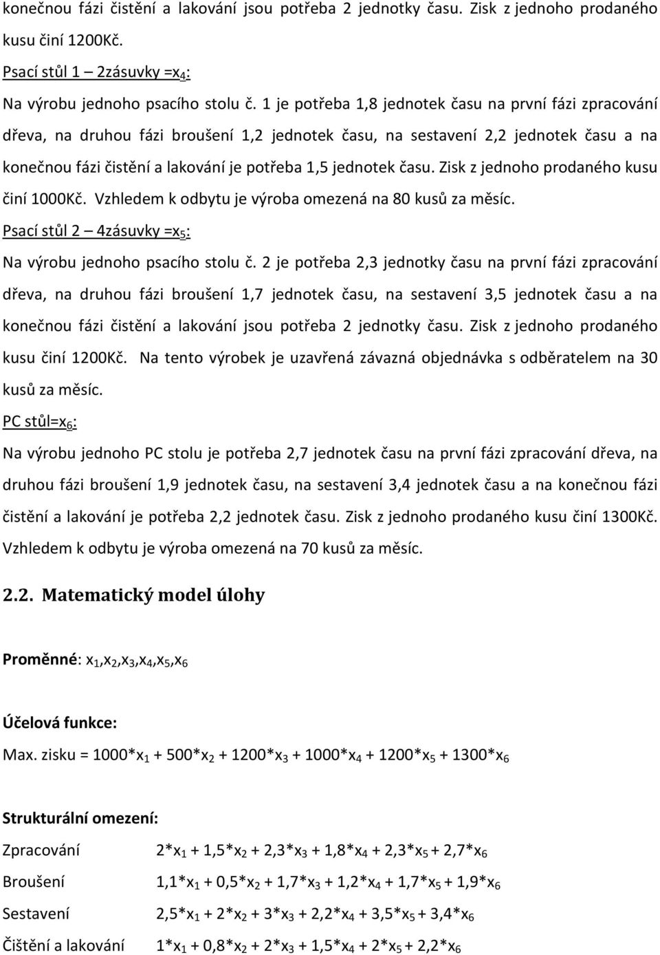 času. Zisk z jednoho prodaného kusu činí 1000Kč. Vzhledem k odbytu je výroba omezená na 80 kusů za měsíc. Psací stůl 2 4zásuvky =x 5 : Na výrobu jednoho psacího stolu č.