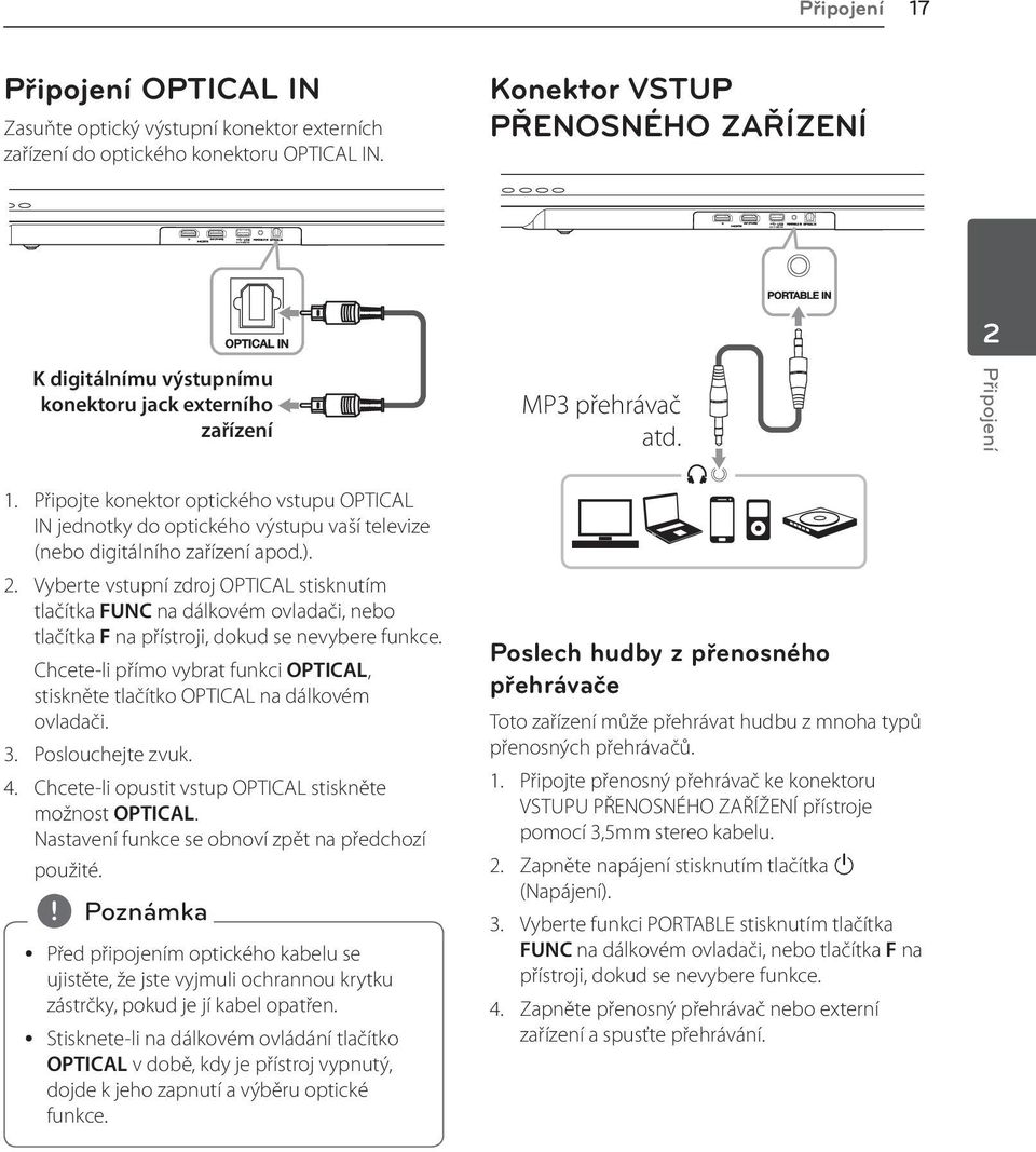 Připojte konektor optického vstupu OPTICAL IN jednotky do optického výstupu vaší televize (nebo digitálního zařízení apod.). 2.