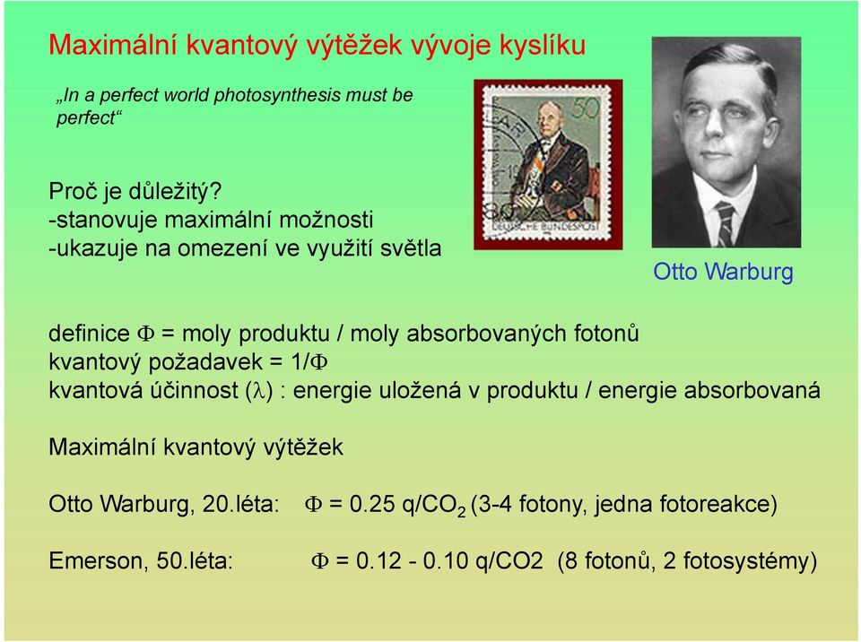 absorbovaných fotonů kvantový požadavek = 1/ kvantová účinnost ( ) : energie uložená v produktu / energie absorbovaná