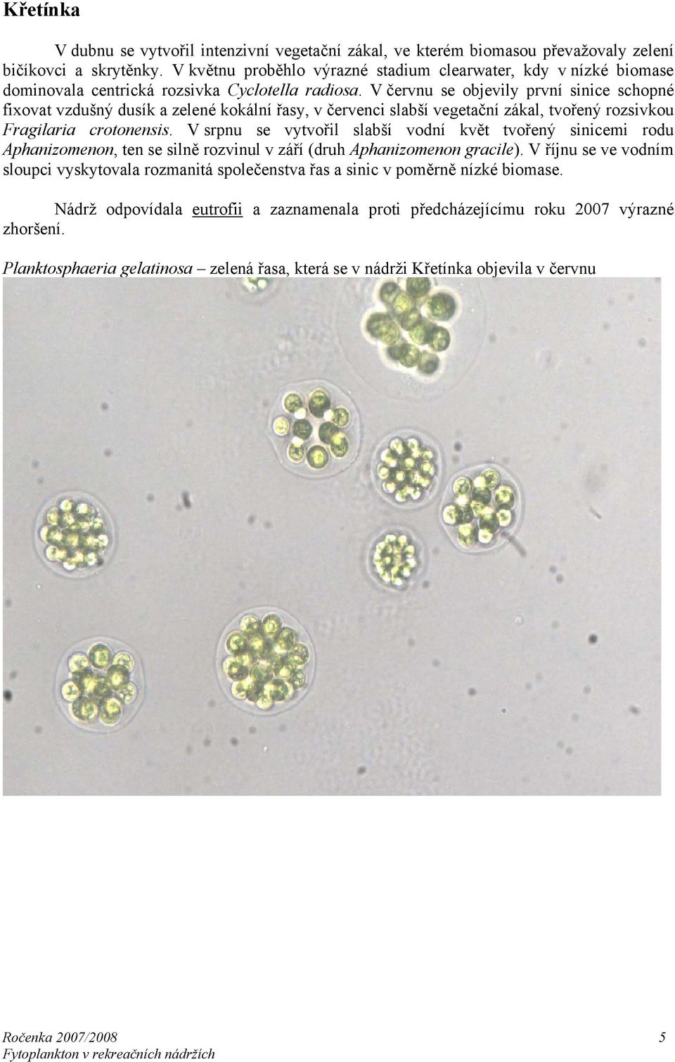 V červnu se objevily první sinice schopné fixovat vzdušný dusík a zelené kokální řasy, v červenci slabší vegetační zákal, tvořený rozsivkou Fragilaria crotonensis.