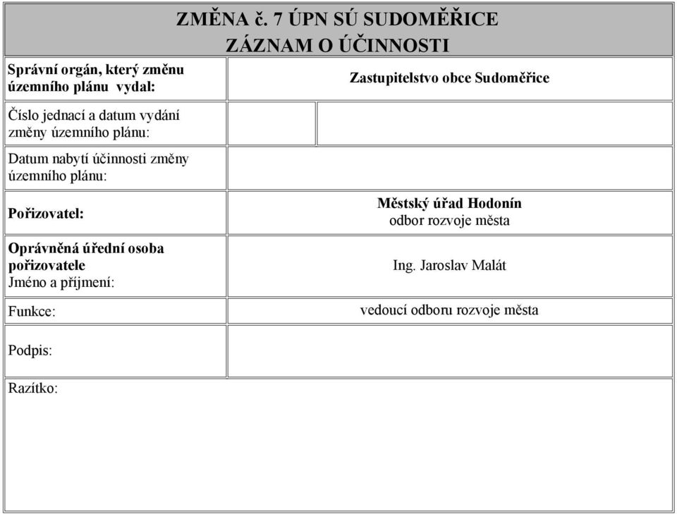 7 ÚPN SÚ SUDOMĚŘICE ZÁZNAM O ÚČINNOSTI Zastupitelstvo obce Sudoměřice Pořizovatel: Oprávněná úřední