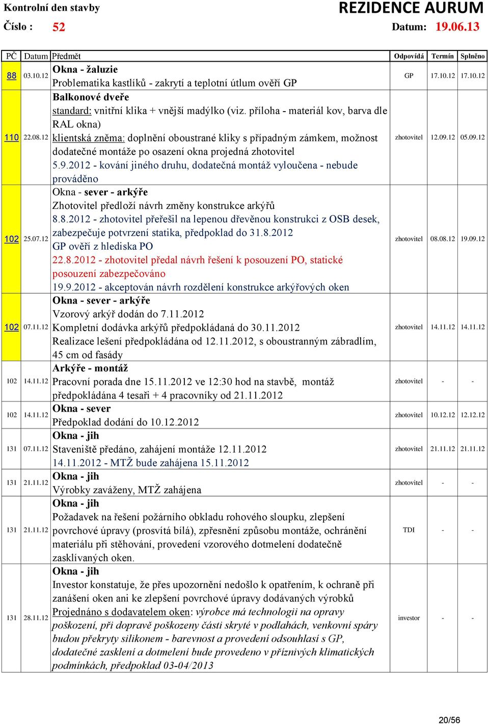 2012 - kování jiného druhu, dodatečná montáž vyloučena - nebude prováděno Okna - sever - arkýře Zhotovitel předloží návrh změny konstrukce arkýřů 8.