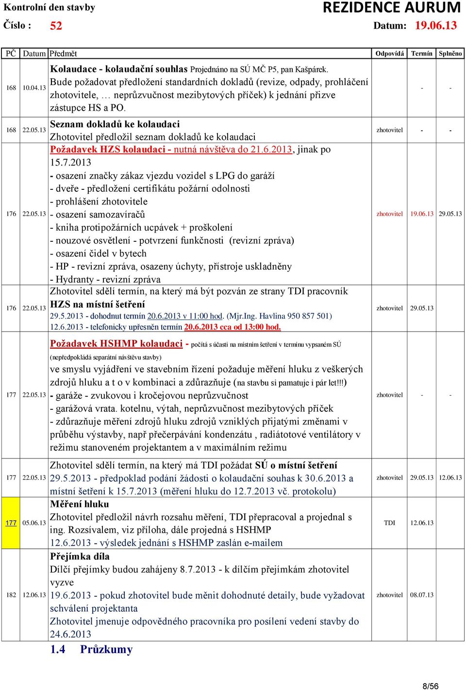 Seznam dokladů ke kolaudaci Zhotovitel předložil seznam dokladů ke kolaudaci Požadavek HZS kolaudaci - nutná návštěva do 21.6.2013, jinak po 15.7.