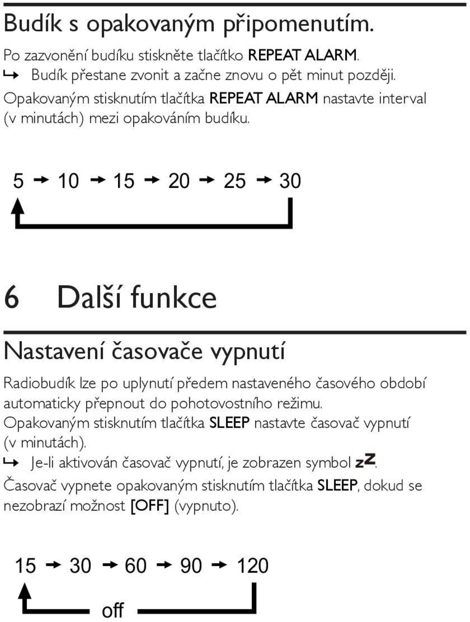 5 10 15 20 25 30 6 Další funkce Nastavení časovače vypnutí Radiobudík lze po uplynutí předem nastaveného časového období automaticky přepnout do pohotovostního