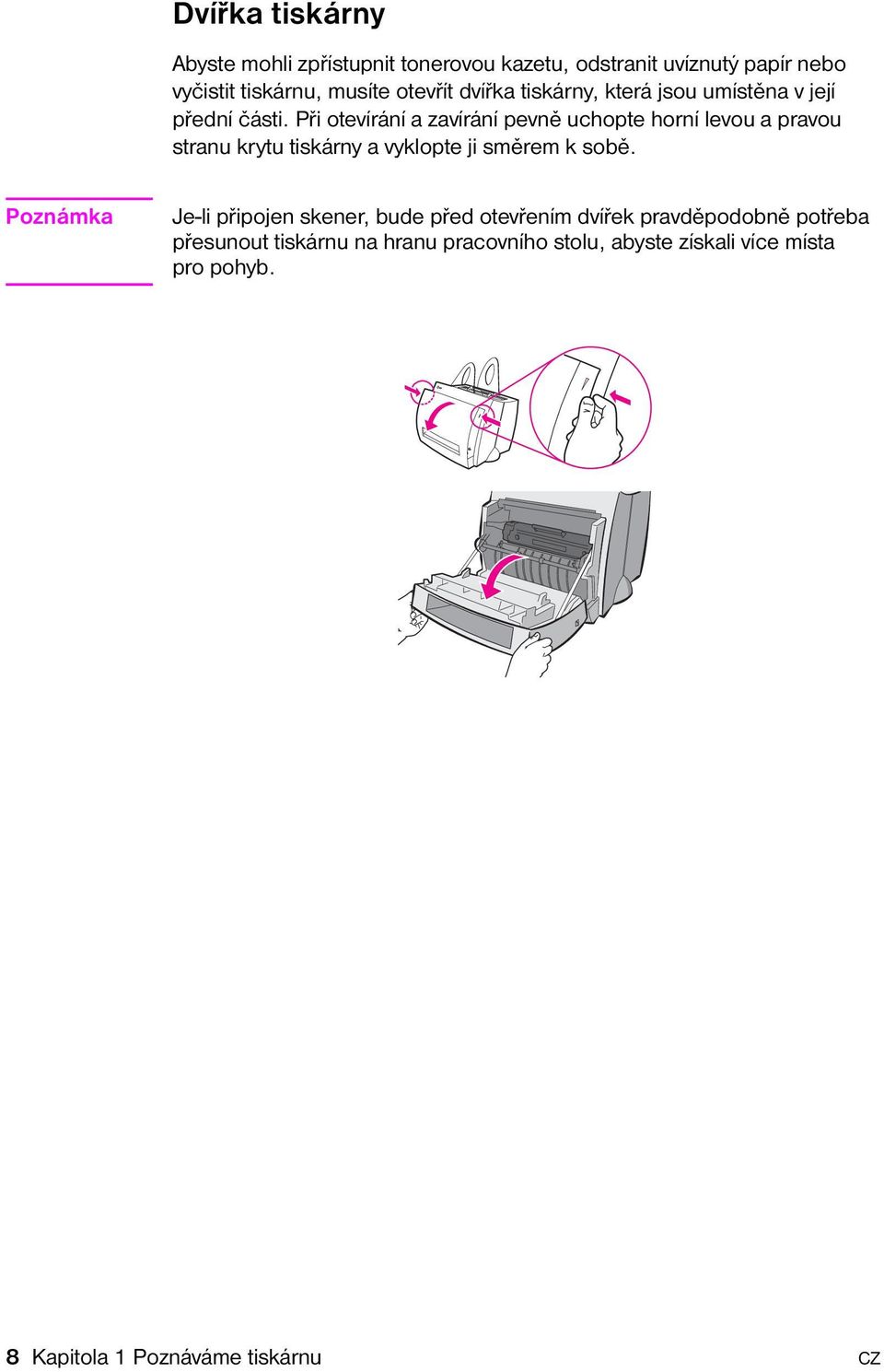 Při otevírání a zavírání pevně uchopte horní levou a pravou stranu krytu tiskárny a vyklopte ji směrem k sobě.
