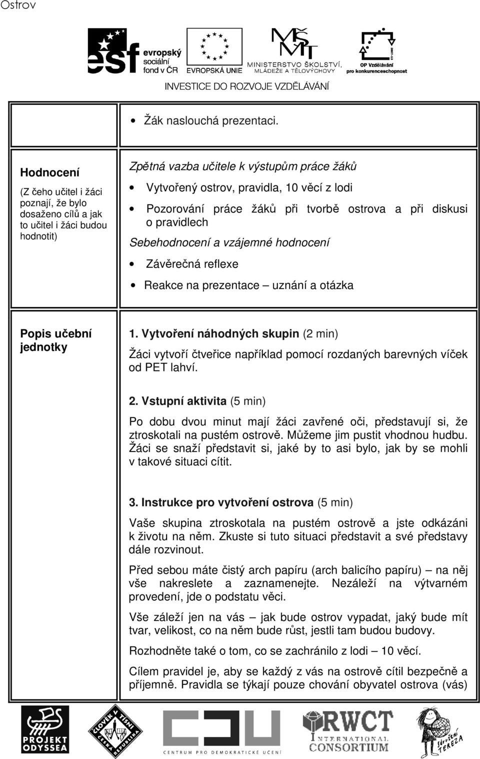 práce žáků při tvorbě ostrova a při diskusi o pravidlech Sebehodnocení a vzájemné hodnocení Závěrečná reflexe Reakce na prezentace uznání a otázka Popis učební jednotky 1.