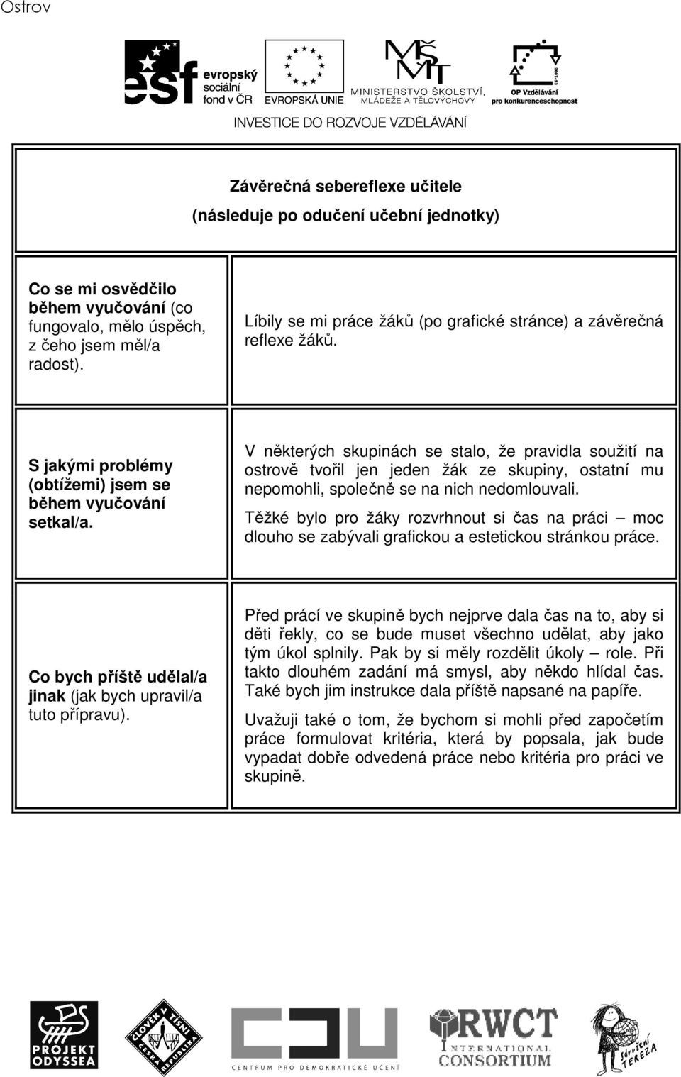 V některých skupinách se stalo, že pravidla soužití na ostrově tvořil jen jeden žák ze skupiny, ostatní mu nepomohli, společně se na nich nedomlouvali.