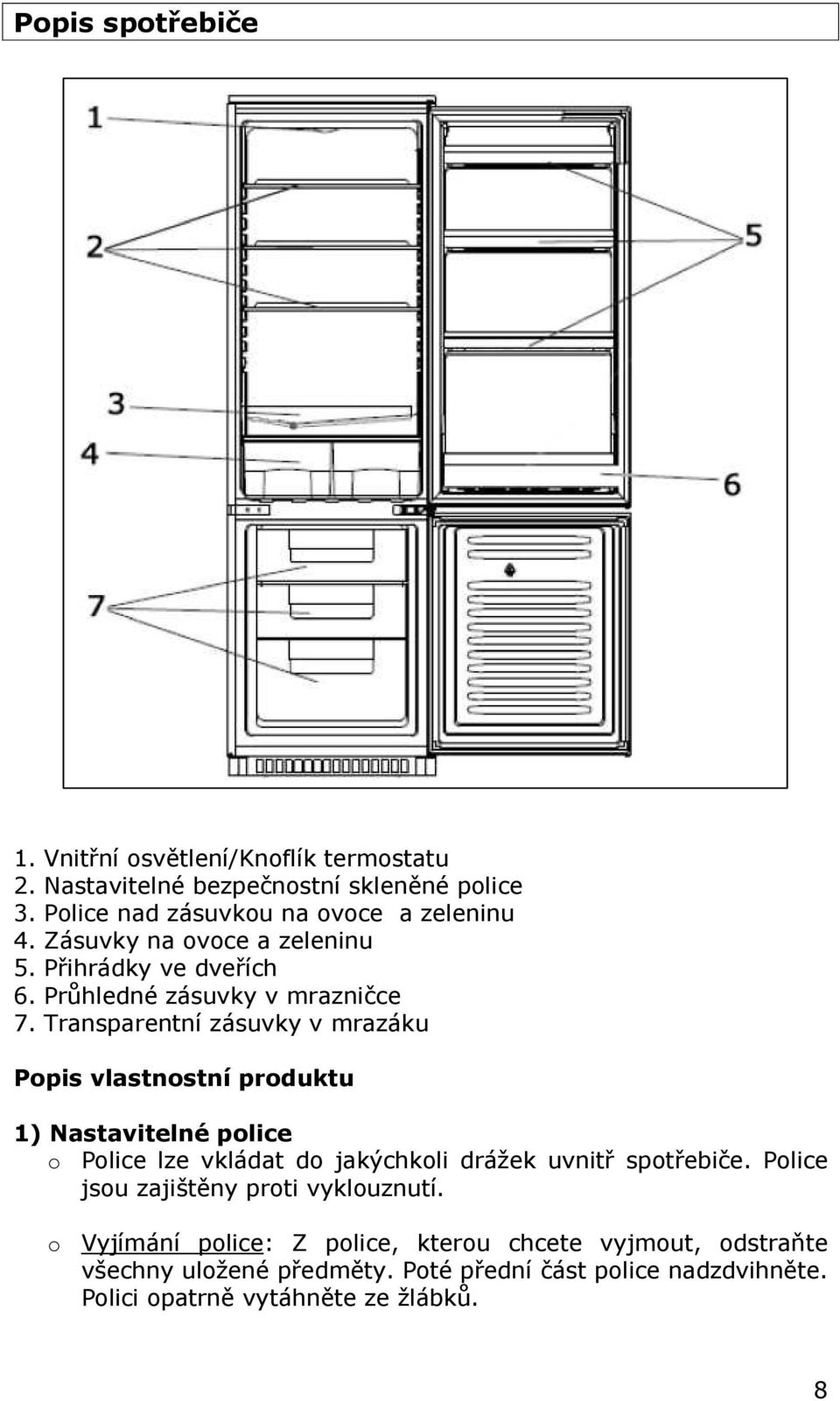 Transparentní zásuvky v mrazáku Popis vlastnostní produktu 1) Nastavitelné police o Police lze vkládat do jakýchkoli drážek uvnitř spotřebiče.