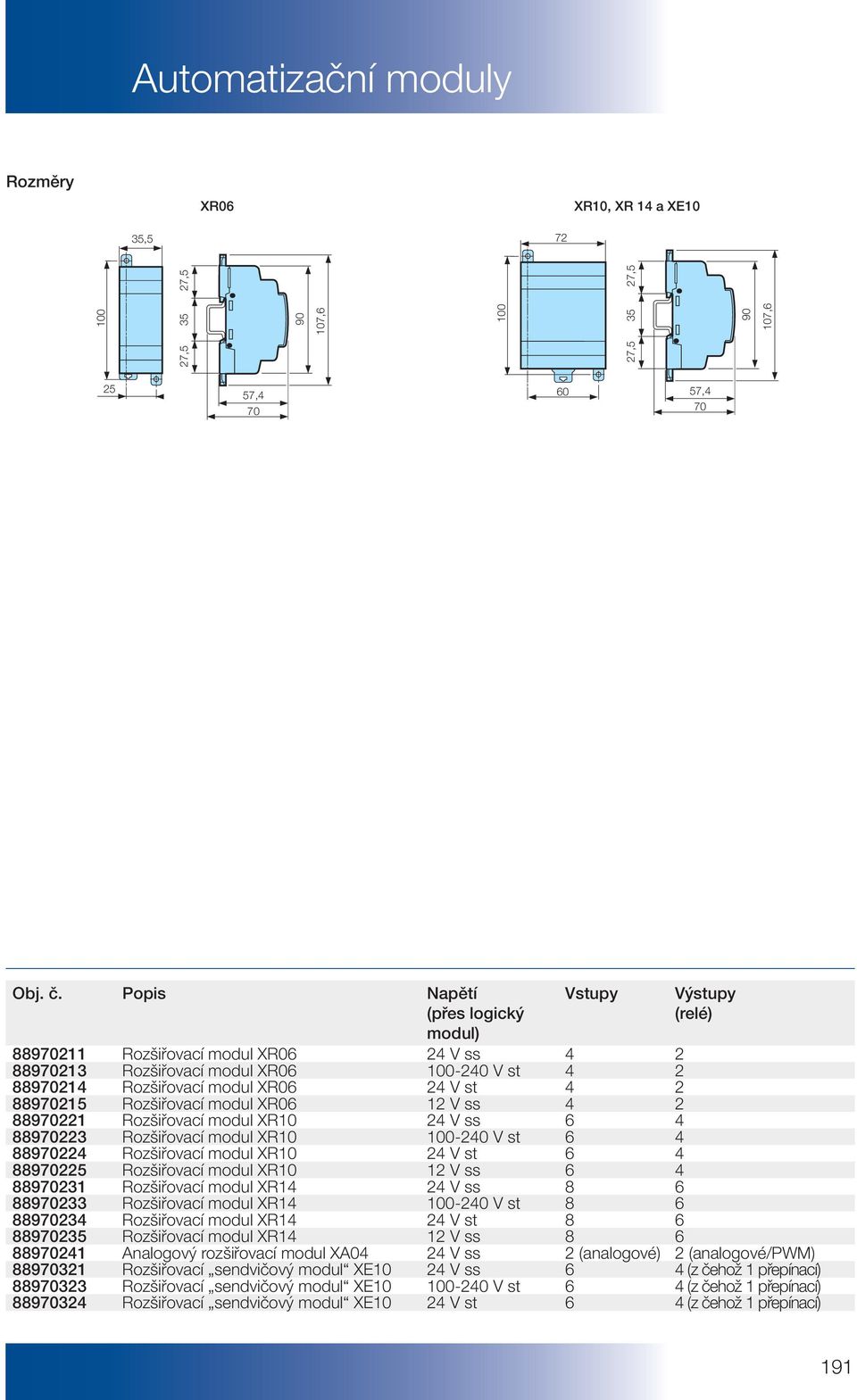 Rozšiřovací modul XR06 12 V ss 4 2 889221 Rozšiřovací modul XR10 24 V ss 6 4 889223 Rozšiřovací modul XR10-240 V st 6 4 889224 Rozšiřovací modul XR10 24 V st 6 4 889225 Rozšiřovací modul XR10 12 V ss