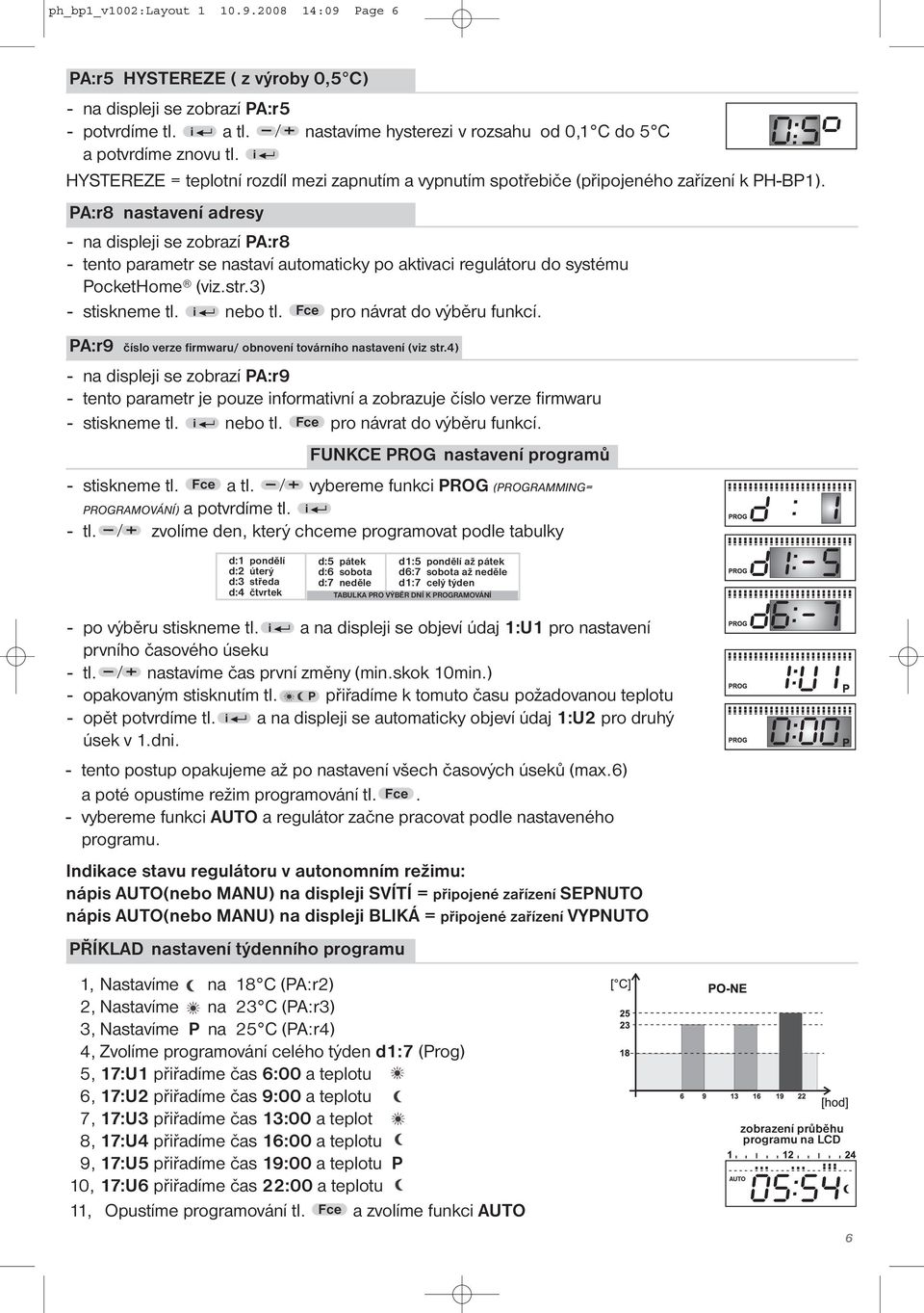 PA:r8 nastavení adresy - na displeji se zobrazí PA:r8 - tento parametr se nastaví automaticky po aktivaci regulátoru do systému PocketHome (viz.str.3) - stiskneme tl. i nebo tl.