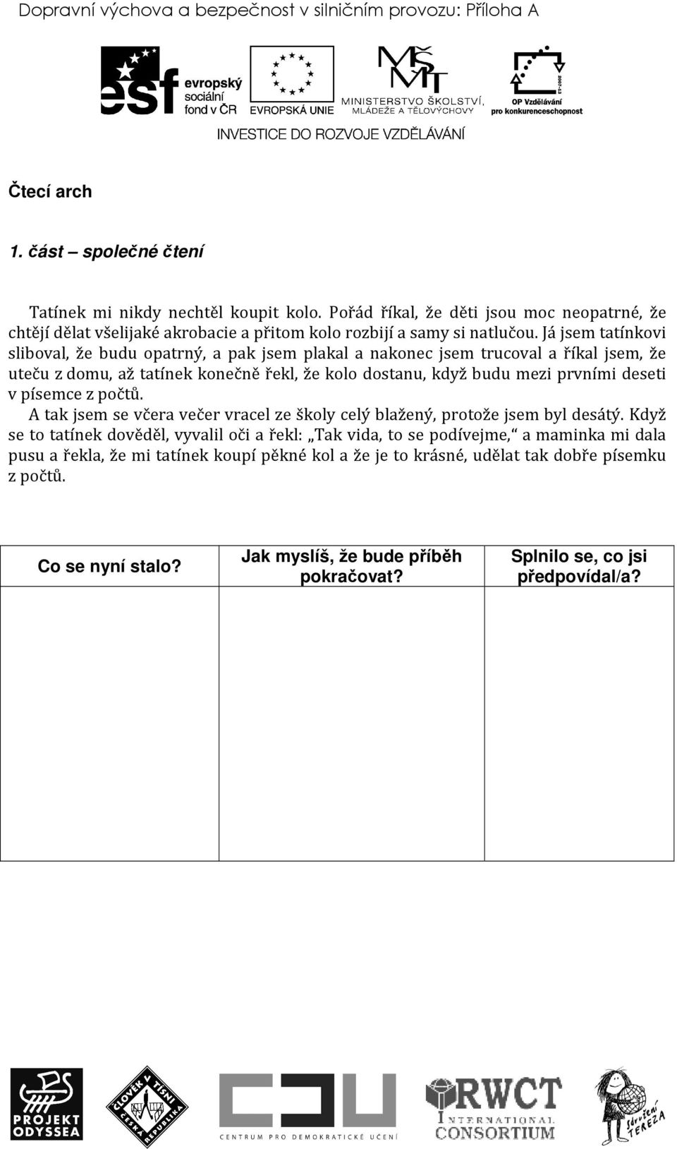 Já jsem tatínkovi sliboval, že budu opatrný, a pak jsem plakal a nakonec jsem trucoval a říkal jsem, že uteču z domu, až tatínek konečně řekl, že kolo dostanu, když budu mezi prvními deseti v písemce