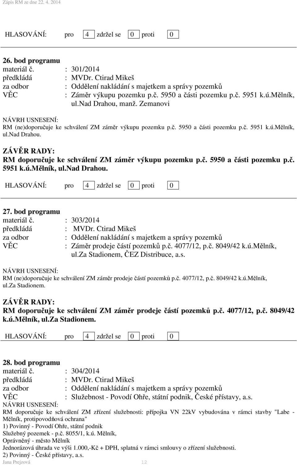 s. RM (ne)doporučuje ke schválení ZM záměr prodeje částí pozemků p.č. 4077/12, p.č. 8049/42 k.ú.mělník, ul.za Stadionem. RM doporučuje ke schválení ZM záměr prodeje částí pozemků p.č. 4077/12, p.č. 8049/42 k.ú.mělník, ul.za Stadionem. 28.