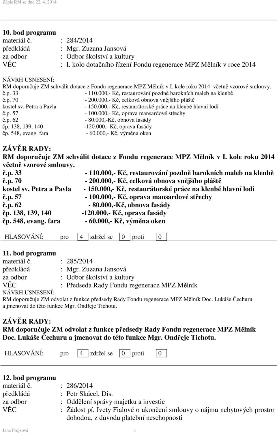 000,- Kč, restaurátorské práce na klenbě hlavní lodi č.p. 57-100.000,- Kč, oprava mansardové střechy č.p. 62-80.000,-Kč, obnova fasády čp. 138, 139, 140-120.000,- Kč, oprava fasády čp. 548, evang.