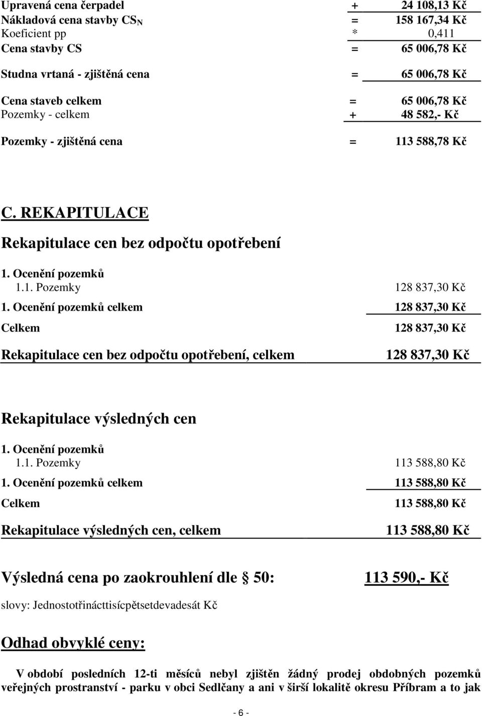 3 588,78 Kč C. REKAPITULACE Rekapitulace cen bez odpočtu opotřebení 1.