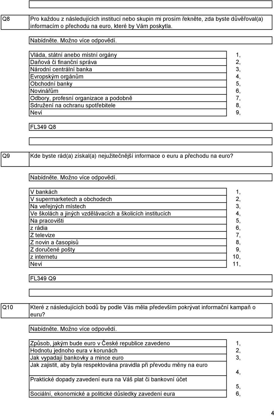 spotřebitele,,,,, 7, 8, 9, FL9 Q8 Q9 Kde byste rád(a) získal(a) nejužitečnější informace o euru a přechodu na euro? Nabídněte. Možno více odpovědí.