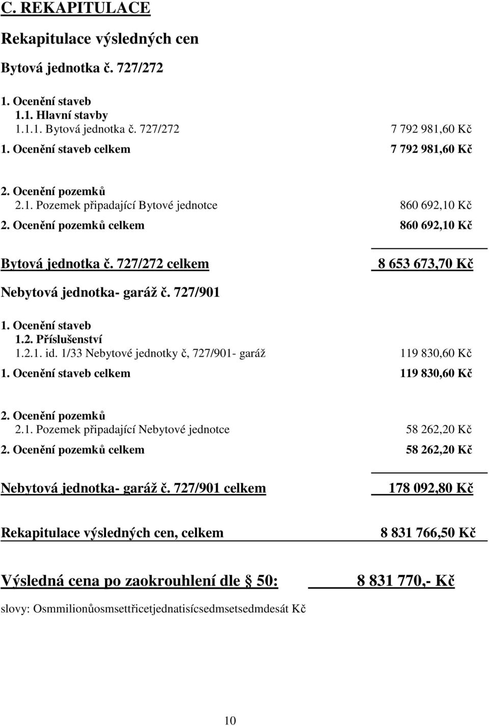 727/272 celkem 8 653 673,70 Kč Nebytová jednotka- garáž č. 727/901 1. Ocenění staveb 1.2. Příslušenství 1.2.1. id. 1/33 Nebytové jednotky č, 727/901- garáž 119 830,60 Kč 1.