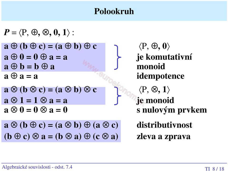 monoid a = a = s nulovým prvkem a (b c) = (a b) (a c) distributivnost (b c)