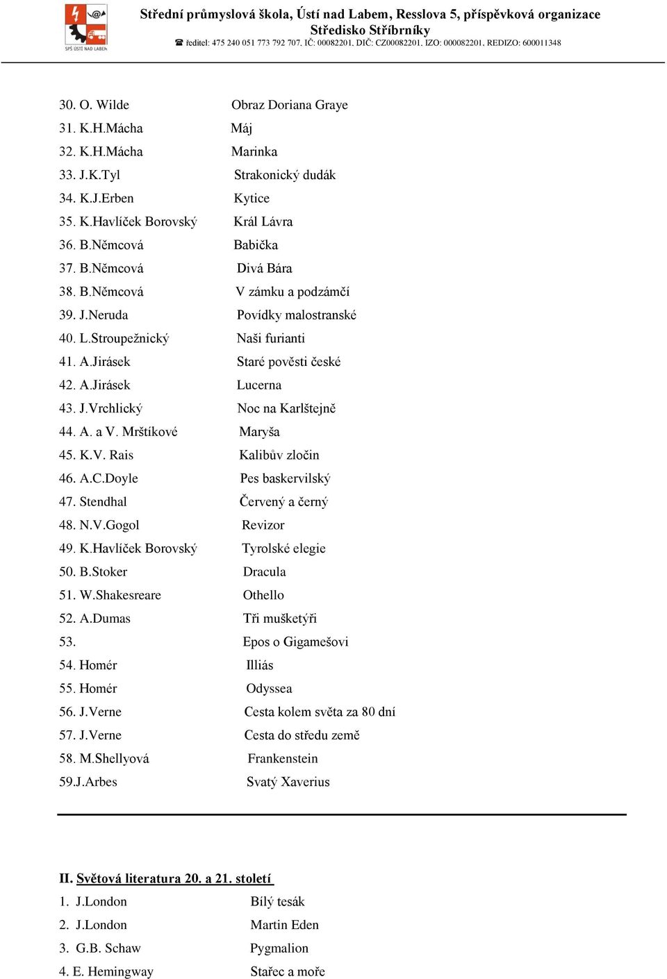 Mrštíkové Maryša 45. K.V. Rais Kalibův zločin 46. A.C.Doyle Pes baskervilský 47. Stendhal Červený a černý 48. N.V.Gogol Revizor 49. K.Havlíček Borovský Tyrolské elegie 50. B.Stoker Dracula 51. W.