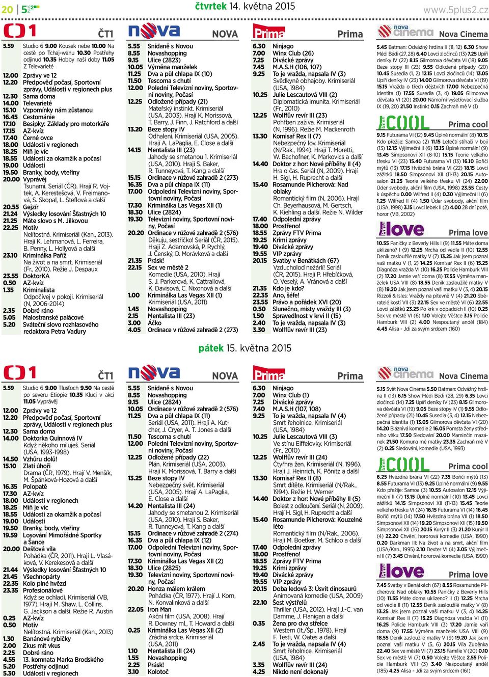 15 AZ-kvíz 17.40 Černé ovce 18.00 Události vregionech 18.25 Míňjevíc 18.55 Události za okamžik apočasí 19.00 Události 19.50 Branky, body,vteřiny 20.00 Vyprávěj Tsunami. Seriál (ČR). Hrají R.