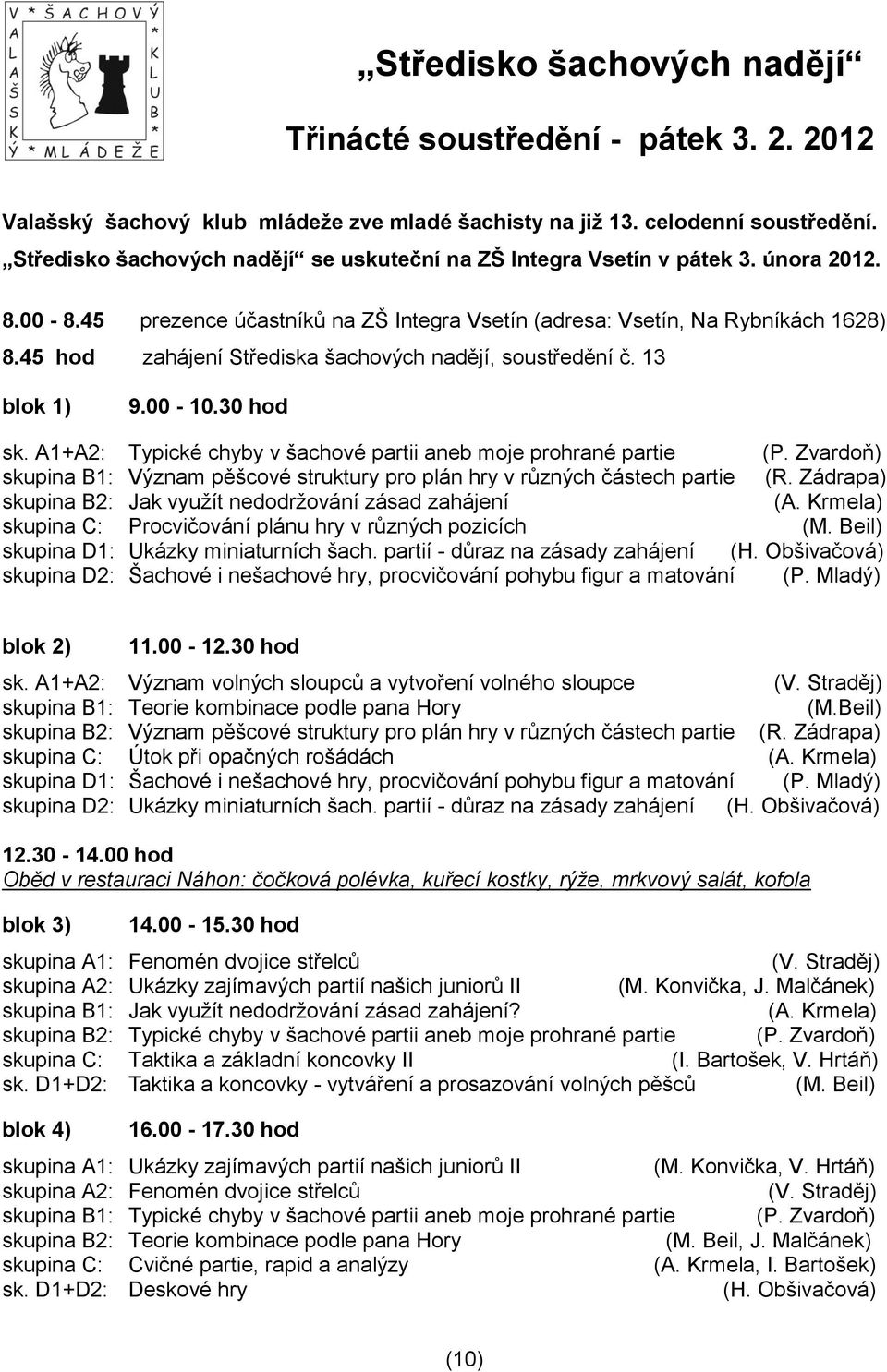 45 hod zahájení Střediska šachových nadějí, soustředění č. 13 blok 1) 9.00-10.30 hod sk. A1+A2: Typické chyby v šachové partii aneb moje prohrané partie (P.