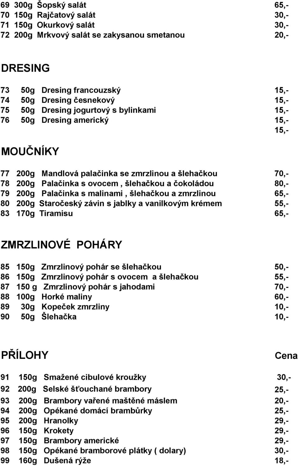 Palačinka s ovocem, šlehačkou a čokoládou 80,- 79 200g Palačinka s malinami, šlehačkou a zmrzlinou 65,- 60,- 80 200g Staročeský závin s jablky a vanilkovým krémem 55,- 83 170g Tiramisu 65,- 65,-