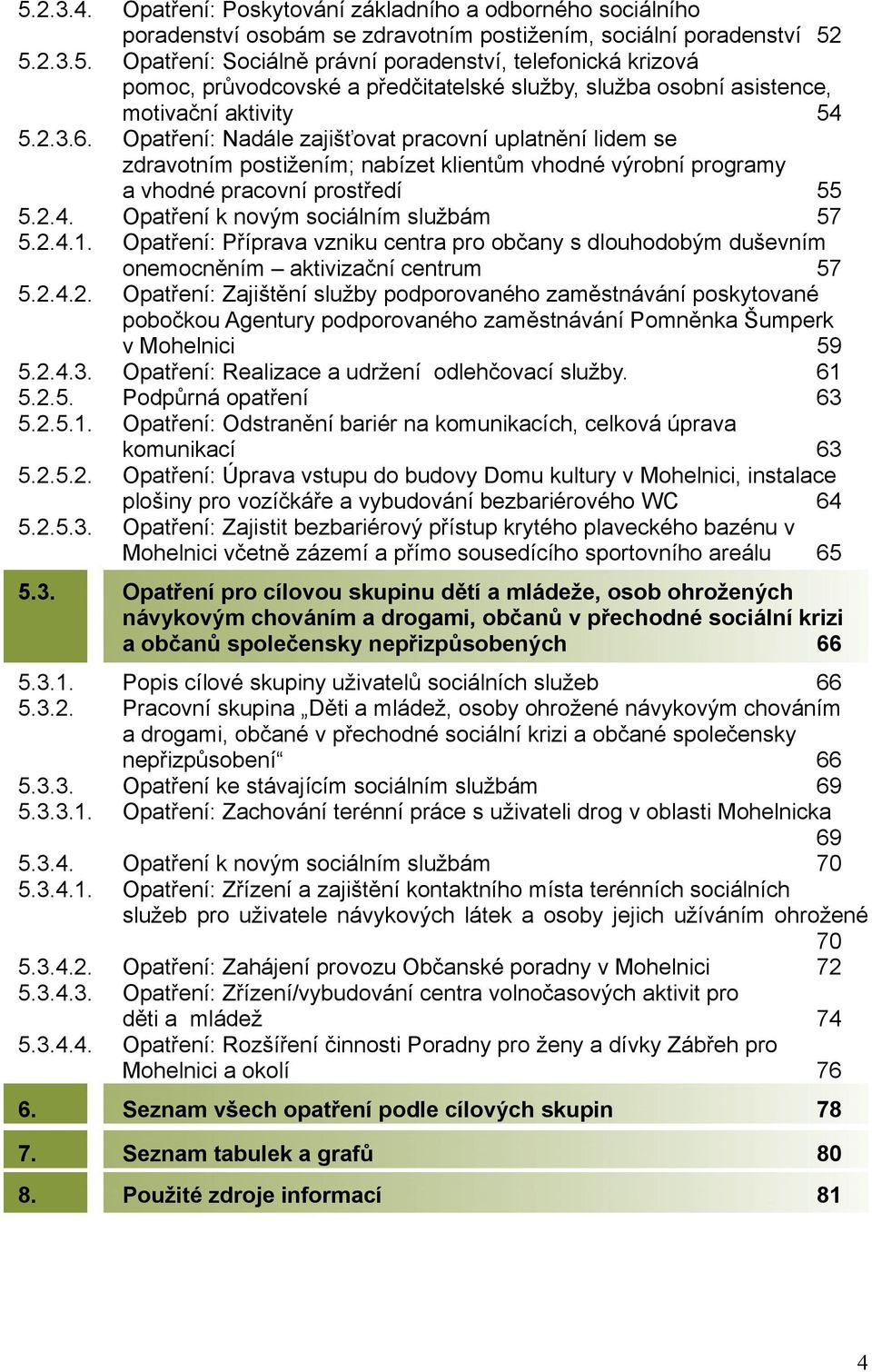 Opatření k novým sociálním službám 57 5.2.4.1. Opatření: Příprava vzniku centra pro občany s dlouhodobým duševním onemocněním aktivizační centrum 57 5.2.4.2. Opatření: Zajištění služby podporovaného zaměstnávání poskytované pobočkou Agentury podporovaného zaměstnávání Pomněnka Šumperk v Mohelnici 59 5.