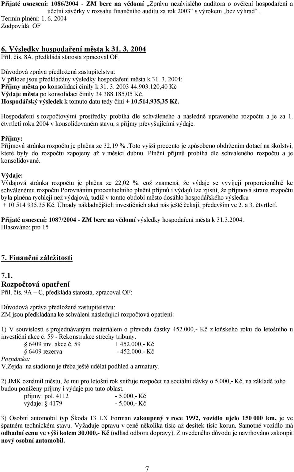 3. 2003 44.903.120,40 Kč Výdaje města po konsolidaci činily 34.388.185,05 Kč. Hospodářský výsledek k tomuto datu tedy činí + 10.514.935,35 Kč.