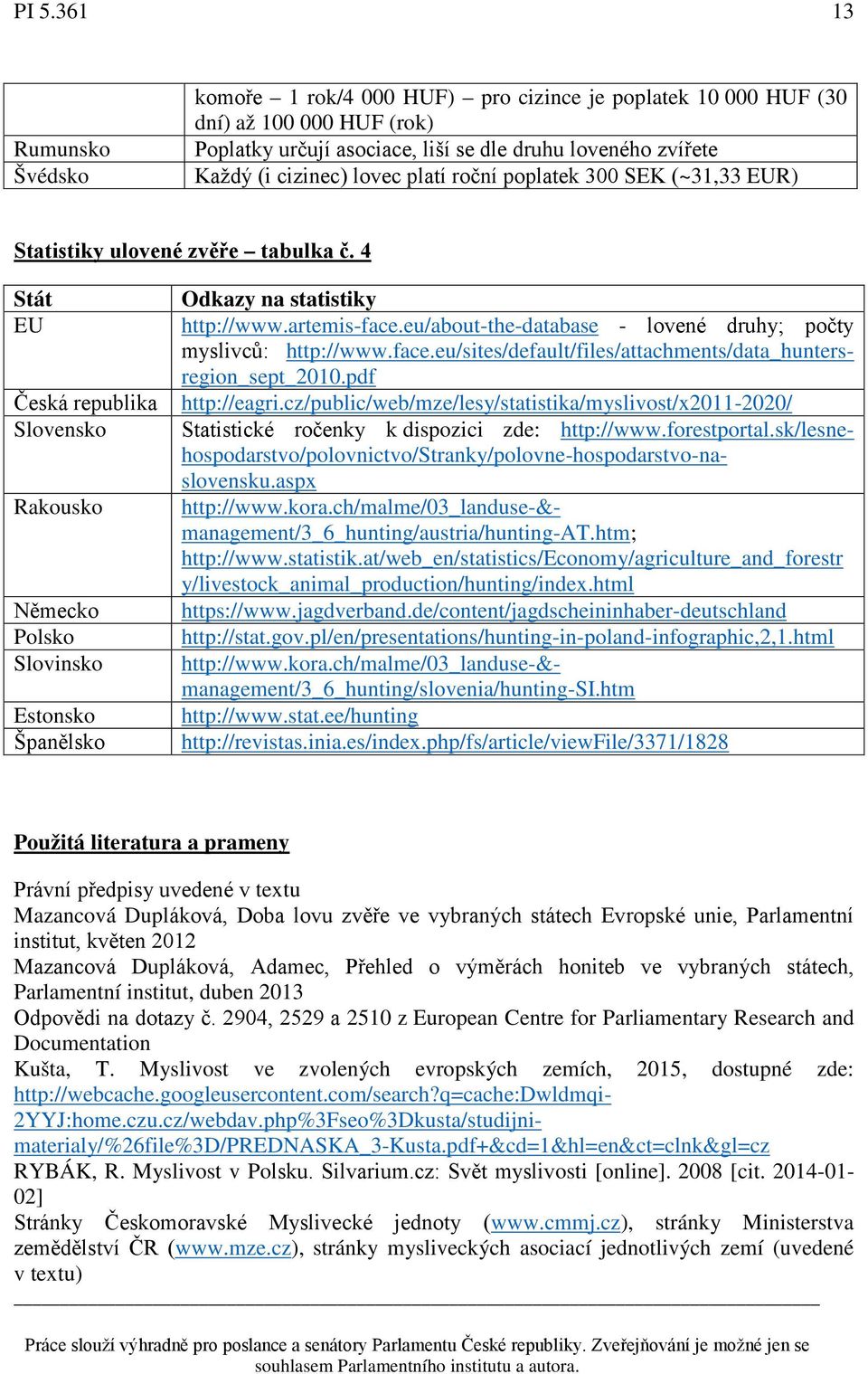 4 Stát EU Česká republika Slovensko Rakousko Německo Polsko Slovinsko Estonsko Španělsko Odkazy na statistiky http://www.artemis-face.eu/about-the-database - lovené druhy; počty myslivců: http://www.