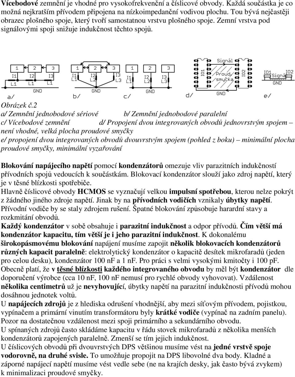 2 a/ Zemnění jednobodové sériové b/ Zemnění jednobodové paralelní c/ Vícebodové zemnění d/ Propojení dvou integrovaných obvodů jednovrstvým spojem není vhodné, velká plocha proudové smyčky e/